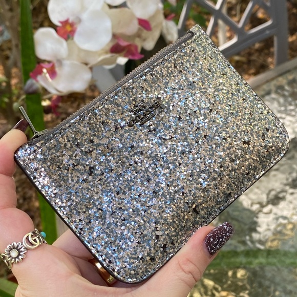 Coach Navy Blue Leather & Silver Glitter Compact Slim Wallet - Picture 6 of 16